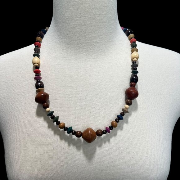 Retro Multicolor Beaded Necklace Natural Wood & Resin Artisan Boho Chic Festival - Picture 2 of 6